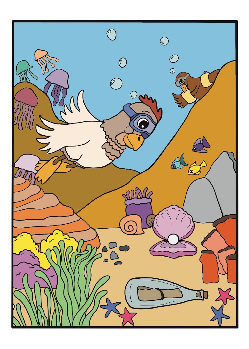 Chickens Snorkelling Colouring Page