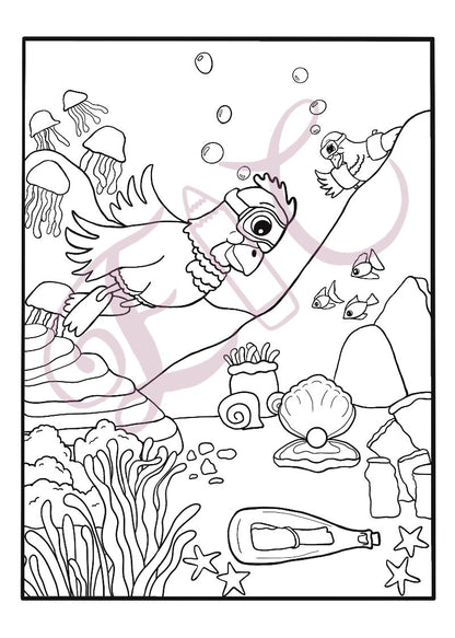 Chickens Snorkelling Colouring Page