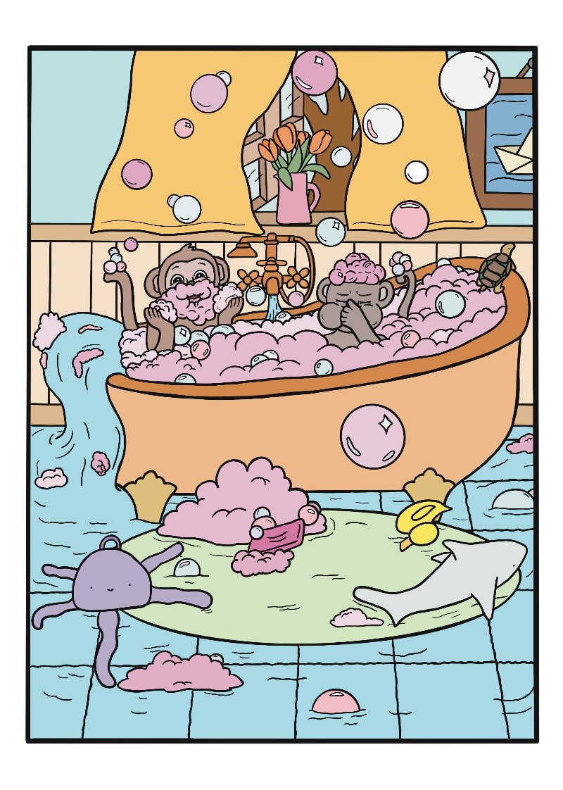 Monkey's Bath Time Colouring Page