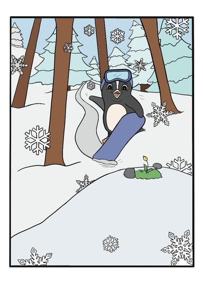 Penguin Snowboarding Colouring Page