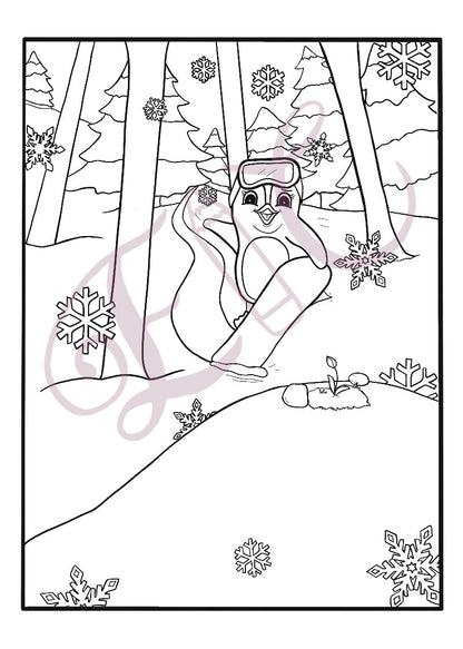 Penguin Snowboarding Colouring Page