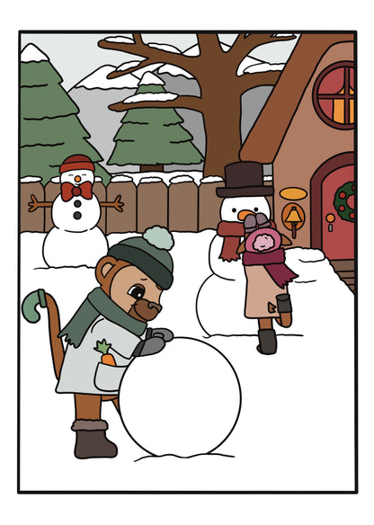 Building Snowmen Colouring Page