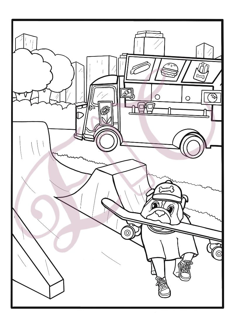 Skating Bulldog Colouring Page